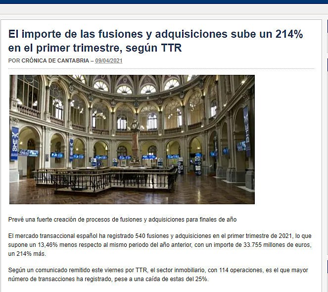 El importe de las fusiones y adquisiciones sube un 214% en el primer trimestre, segn TTR